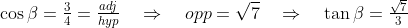 \cos\beta = \tfrac{3}{4} = \tfrac{adj}{hyp} \quad\Rightarrow\quad opp = \sqrt{7} \quad\Rightarrow\quad \tan\beta = \tfrac{\sqrt{7}}{3}